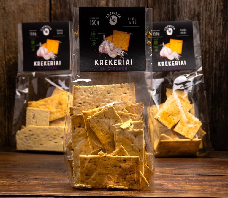 three cracker bags  black labels with illustrations