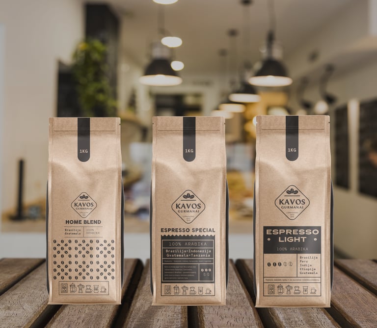 three coffee bags , ckaft color and black design