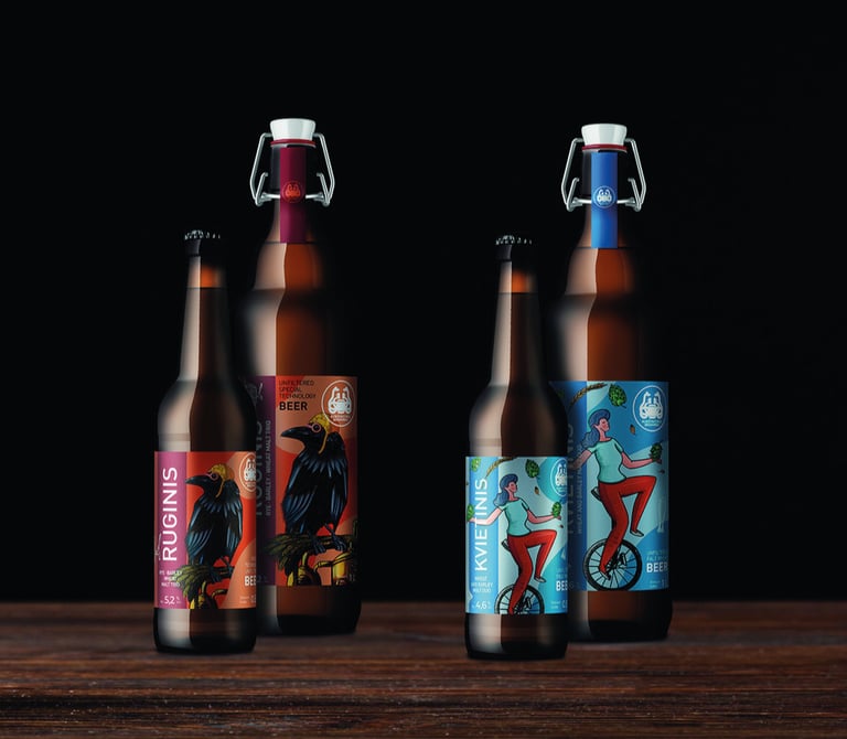 rye and barley beer bottles with labels, crow and woman acrobat illustrations