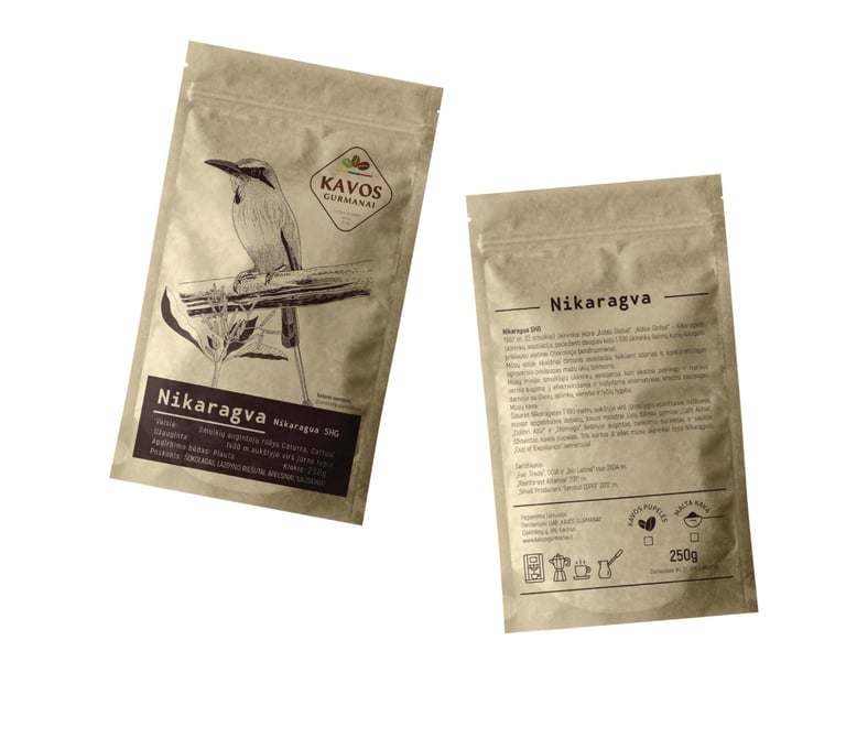two coffee packs with bird illustration, front and back view