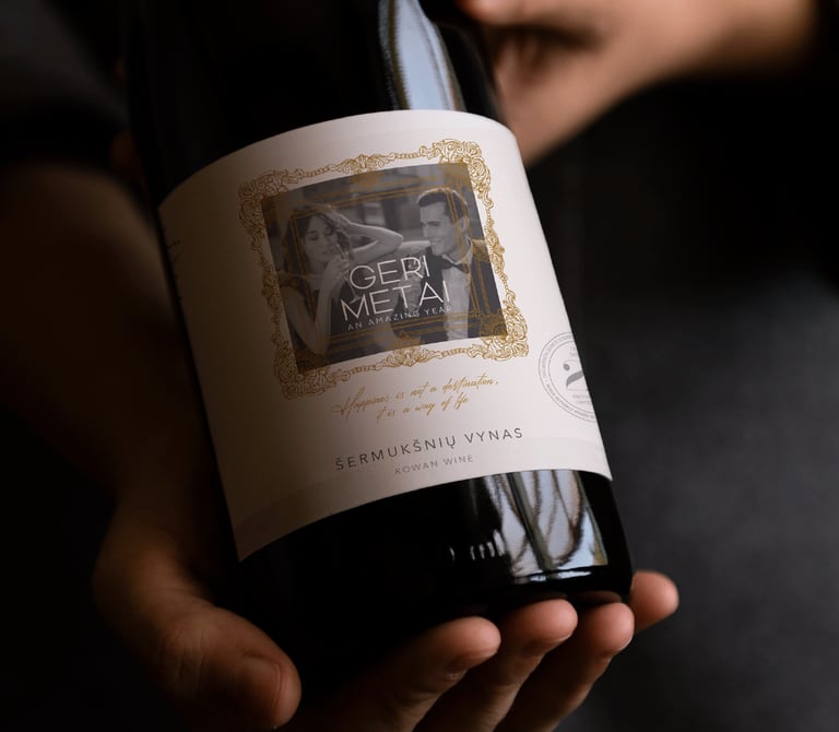 clear rowan wine label on a dark bottle