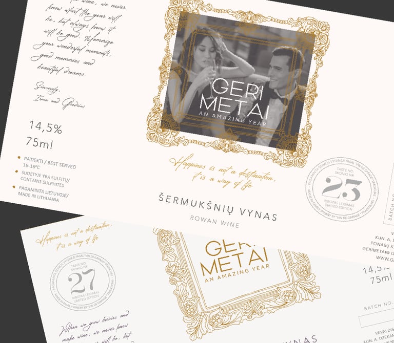 two wine labels with picture frame design