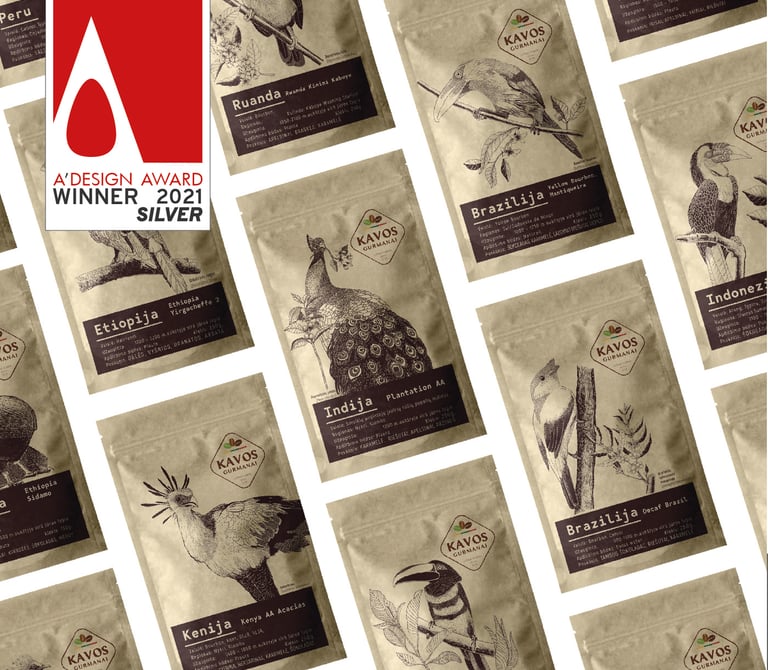 craft doypacks for coffee with illustrations of birds, dark brown color,