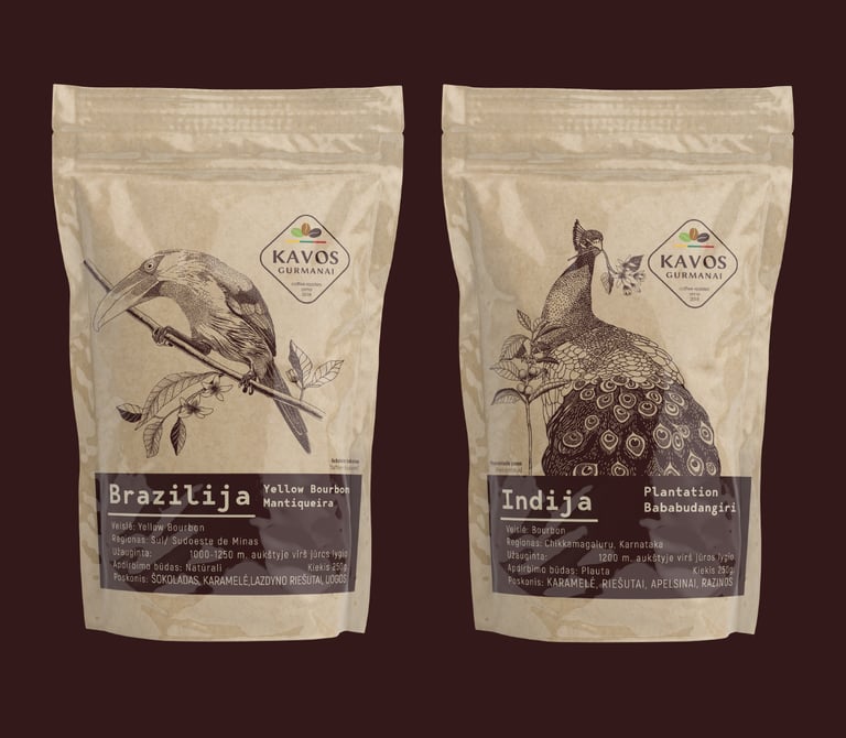 two doypacks of coffee on a dark brown background