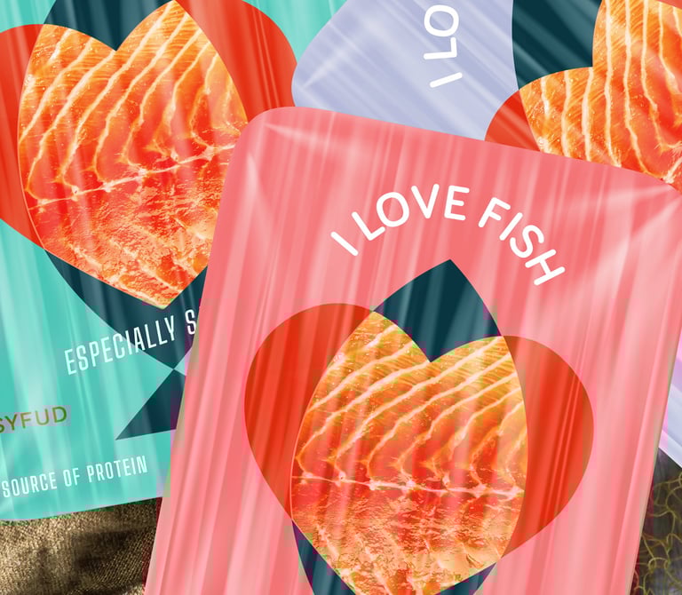 fish packaging picture, pink, green and violet color