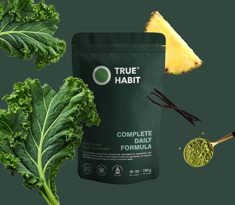 a bag of  supplements and a pineapple and kale illustrations