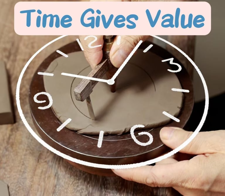 Cartoon clock icon floating above a clay slab