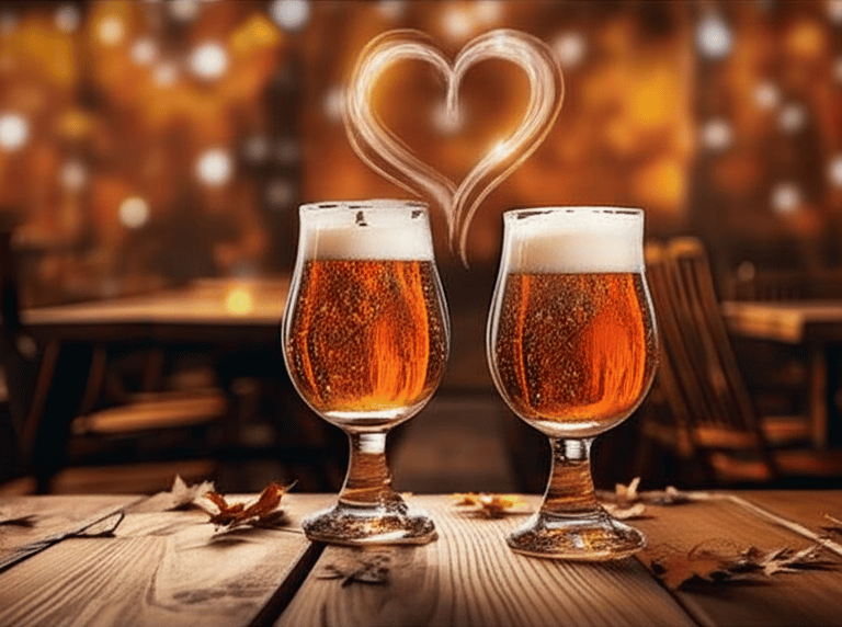 Two glasses of beer with a misty floating heart
