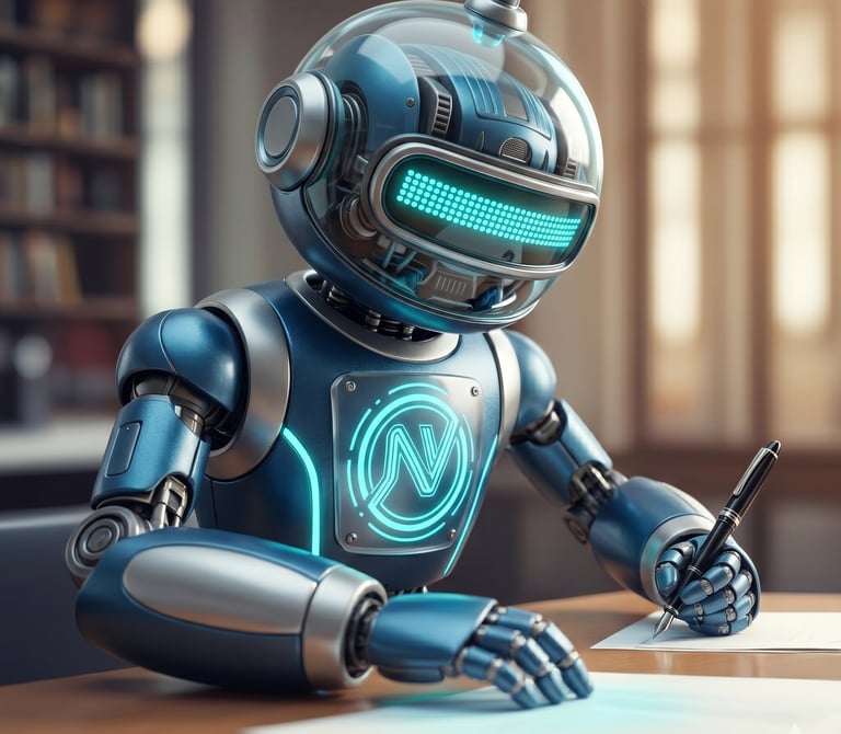 A futuristic blue AI robot writing with a pen on paper at a desk, illustrating automated content creation.