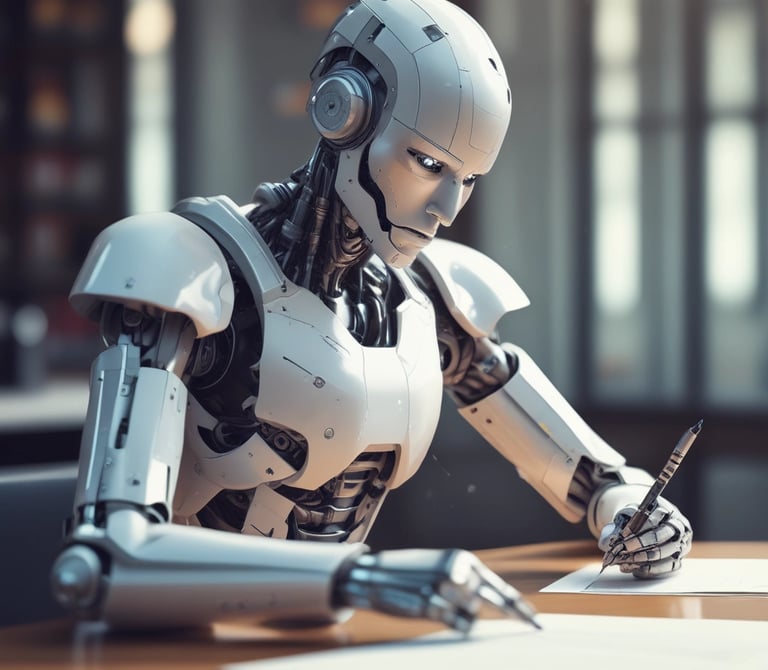 A white humanoid AI robot sitting at a desk and writing on paper with a pen, representing artificial intelligence content