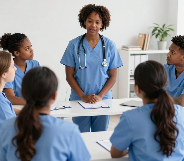 A diverse group of nursing students studying together in a bright, modern classroom filled with textbooks and laptops.