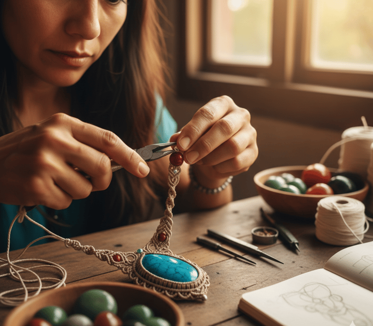 Mujer artesana usando pinzas de joyería para elaborar un collar de macramé hecho a mano con piedra
