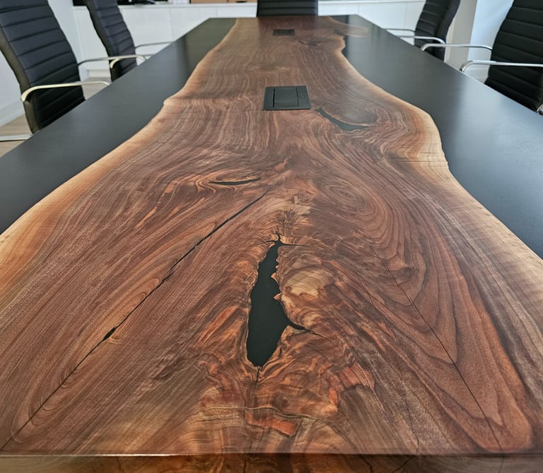 12ft walnut epoxy river boardroom table — grain close-up