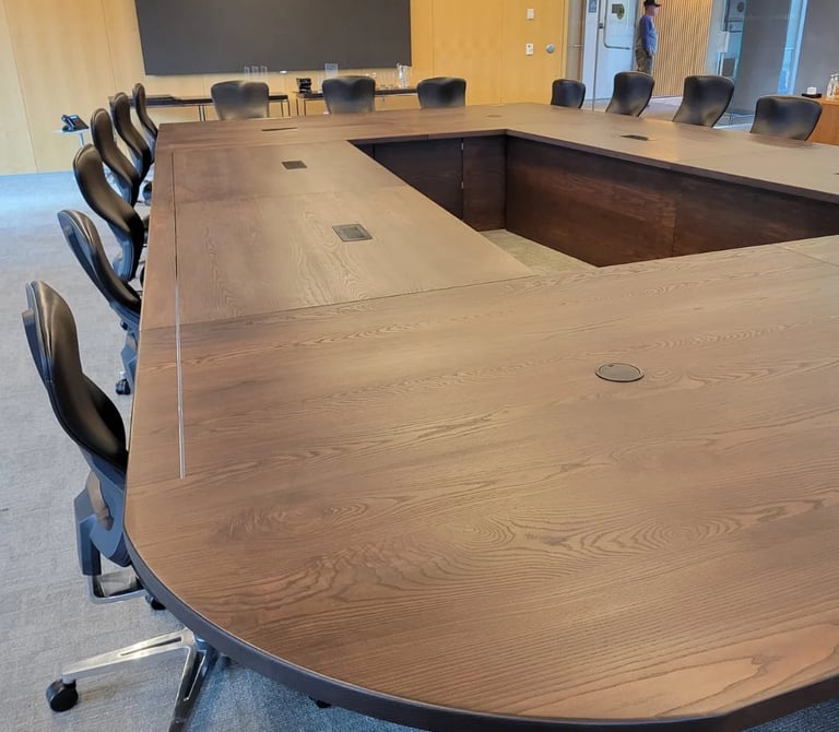 22ft ash boardroom table — mitered corner joinery