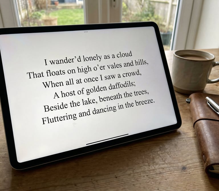 A tablet displaying Wordsworth's poem "Daffodils"