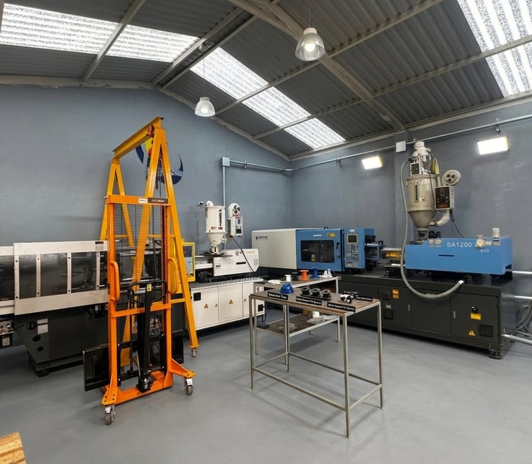 Industrial workshop featuring plastic injection molding machines and a yellow manual lifter.