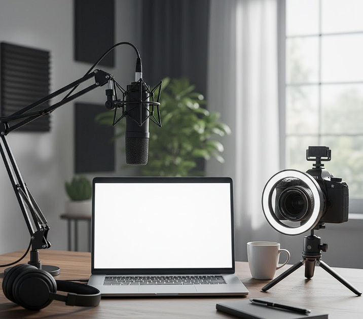 Content creation setup for building passive income from blogging and video.