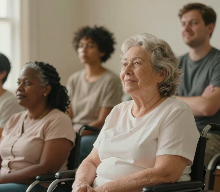 A group of smiling seniors and individuals with disabilities enjoying a sunny park outing together.