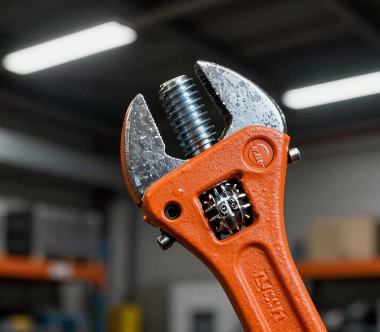 Close-up of a high-visibility safety orange Wokin wrench gripping a heavy steel bolt in a workshop, dramatic industrial lighting