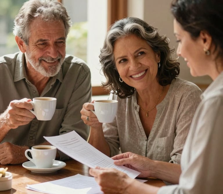 Medium environmental portrait of a smiling Brazilian couple in their early 60s sitting at a sunlit wooden table, sharing coffee and reviewing documents with a friendly, professional consultant. Soft natural window light, warm and authentic atmosphere.