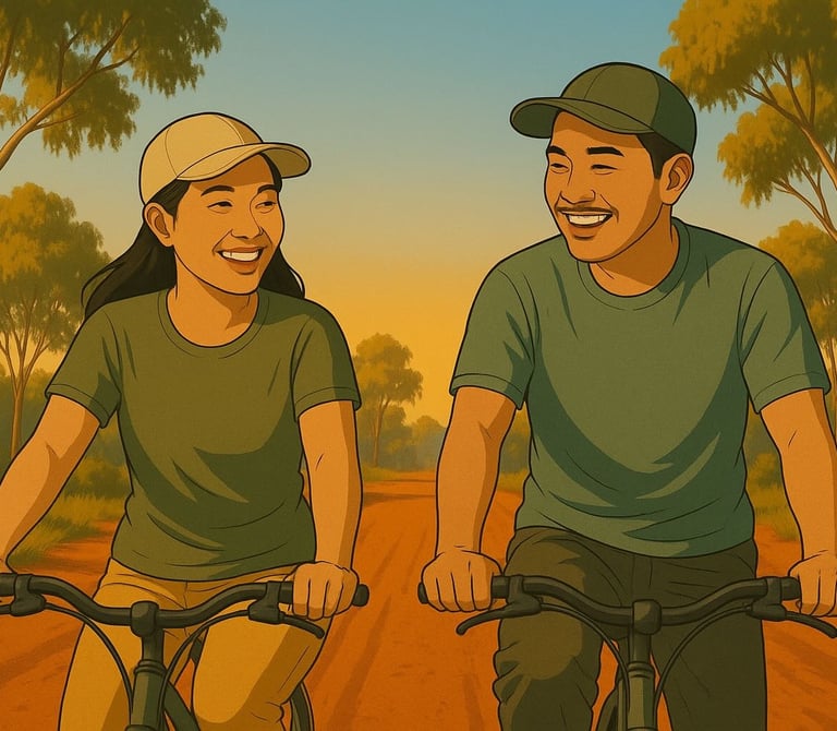 Smiling Vietnamese couple cycling on a dusty Mallee track under warm morning light, gum trees behind them.