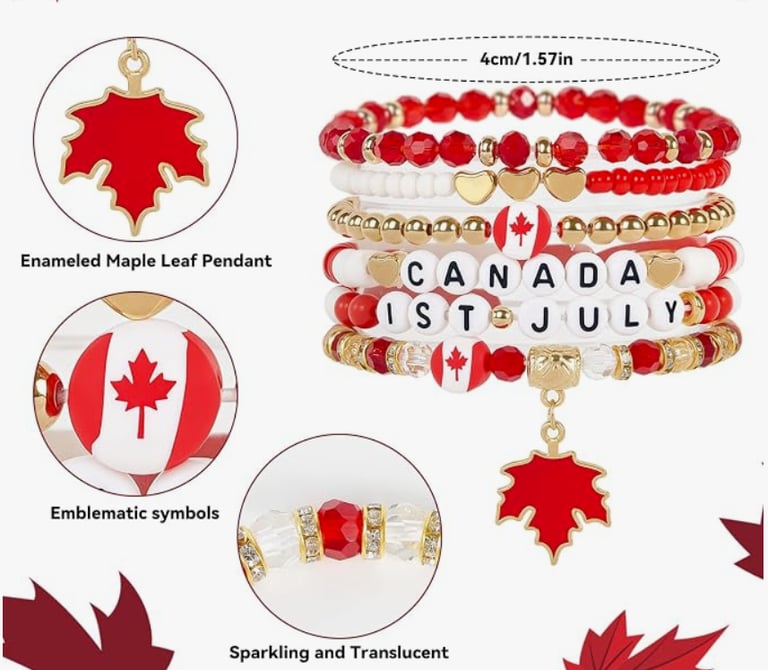 Stack of red and white Canada Day beaded bracelets with a maple leaf pendant and July 1st letter charms.