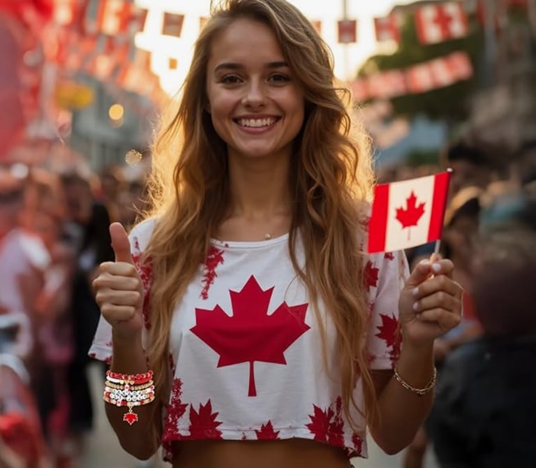 Smiling woman in a maple leaf shirt holding a Canadian flag at a Canada Day street festival.