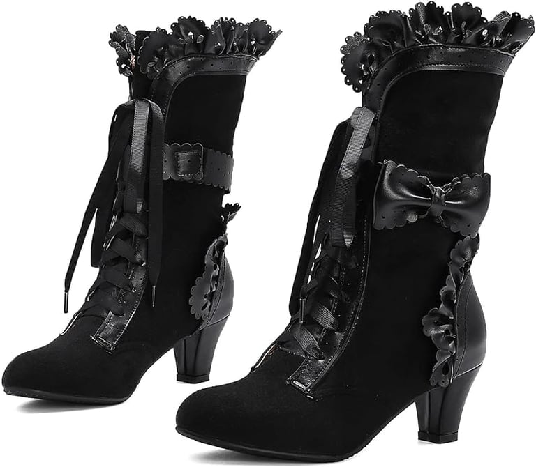 Goth Asian Bow Boots Mid Heels Lace Up Victorian Revival
