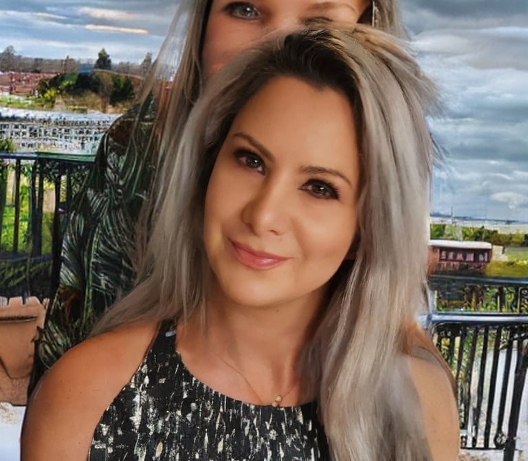 Ai-generated artwork that shows random weird people behind pretty blonde girl, ai-generated artwork 
