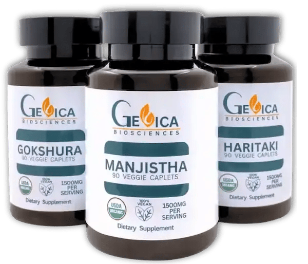 GeVica Biosciences herbal supplements hero banner with Manjistha, Gokshura, and Haritaki bottle