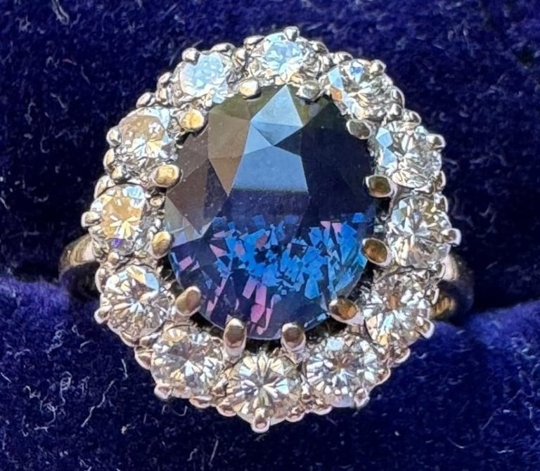 4 carat colour change Ceylon sapphire & diamond cluster ring