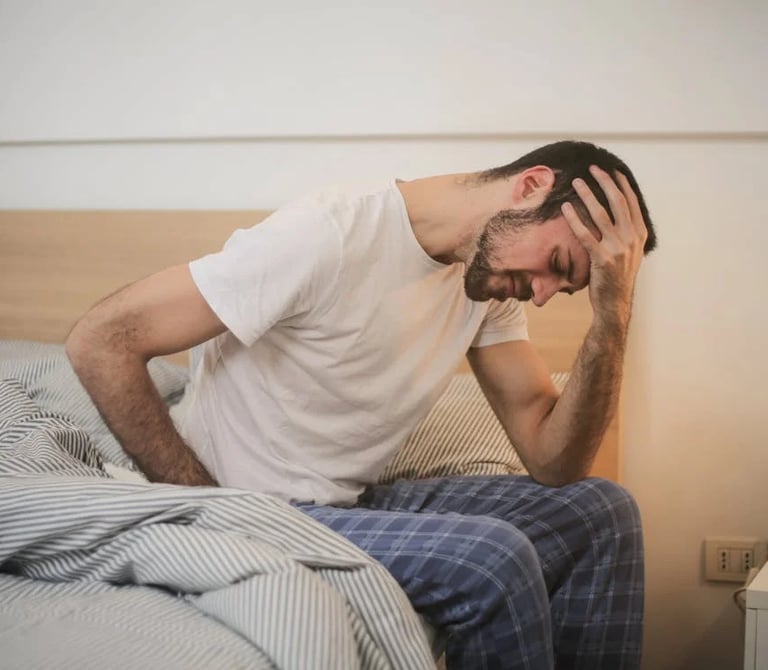 a man with a beard and glasses sitting on a bed