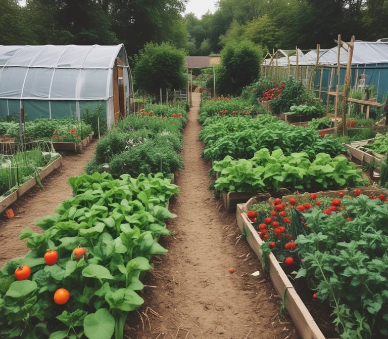 Children planting vegetables in a sunny, green allotment surrounded by wildlife habitats.
