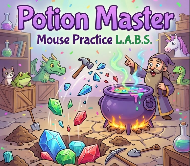 Potion Master Academy game cover for mouse practice, featuring a wizard character and a bubbling cau