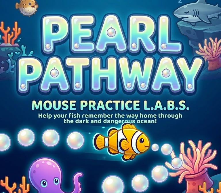 Pearl Pathway mouse practice game cover featuring a purple octopus and a bright pearl in an underwat