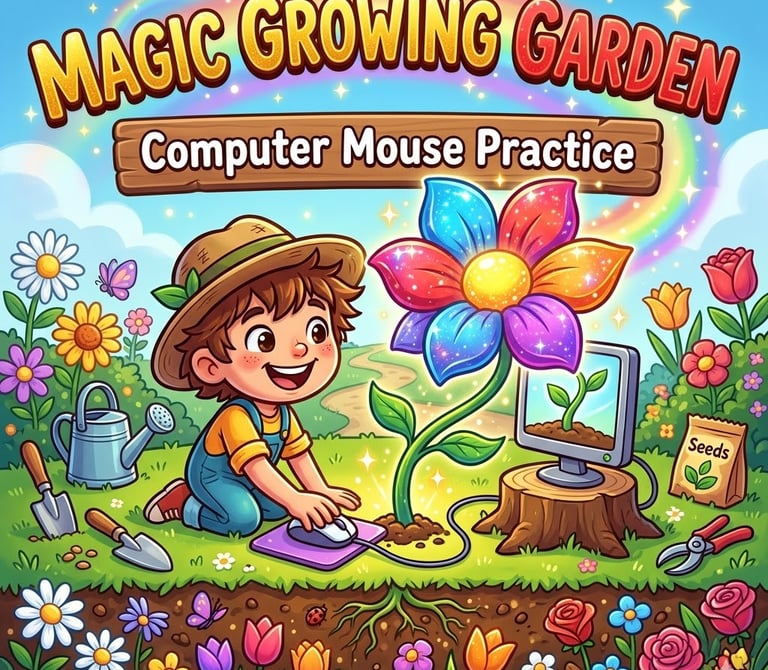 A colorful digital graphic for an educational computer game called Magic Growing Garden. The cartoon