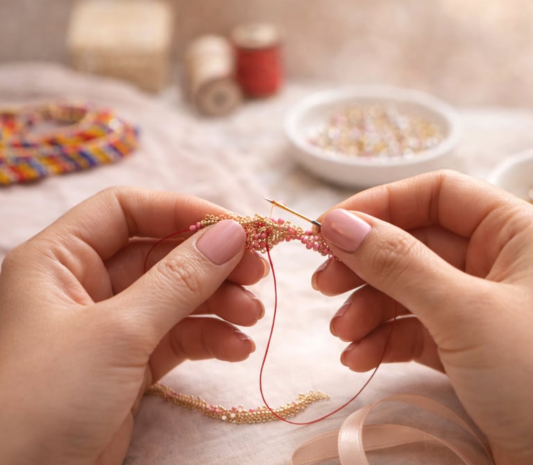 Fabricante de joyas hecho a mano que utiliza una aguja e hilo para tejer perlas de colores