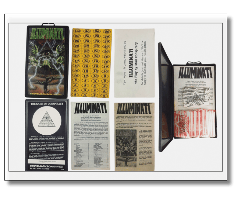 Caixa Pocket Box frente e verso, folha de dinheiro, livro de regras, cartão illuminati e caixa.