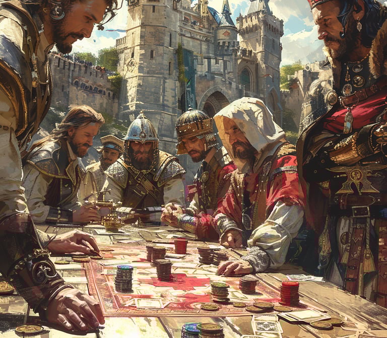Un groupe d'hommes joue à un jeu de société type jeu de cartes, dans un univers médiéval.