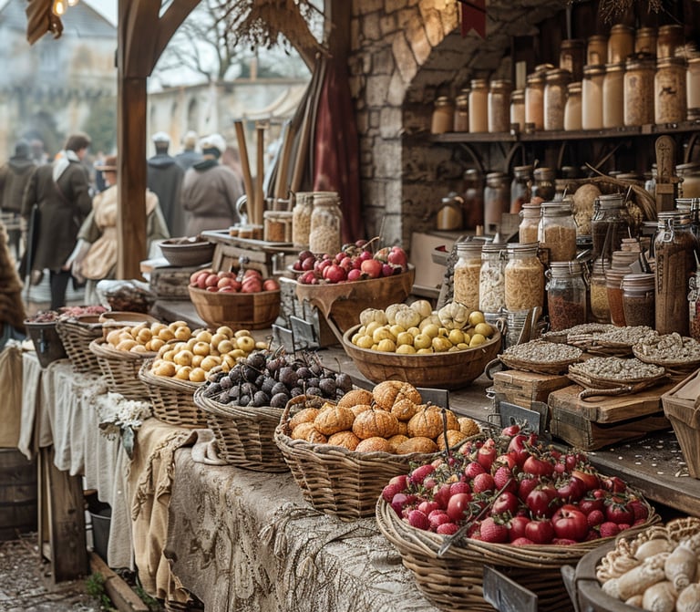 Un présentoir de marché alimentaire style époque médiéval.