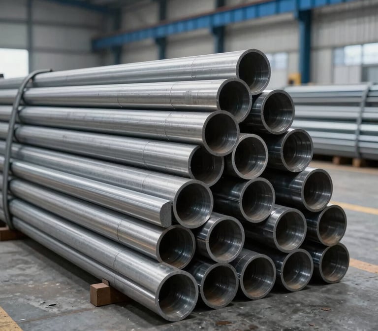 Detailed photography of stacked high-grade stainless steel round bars in a modern industrial warehouse, clean slate gray and navy blue tones, sharp professional lighting, South American / Brazilian metal distribution center.