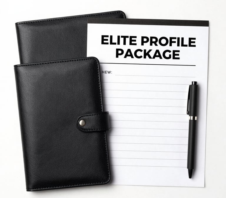 A sleek glassmorphism style card with dark mode and gold accents representing the Elite Profile package.
