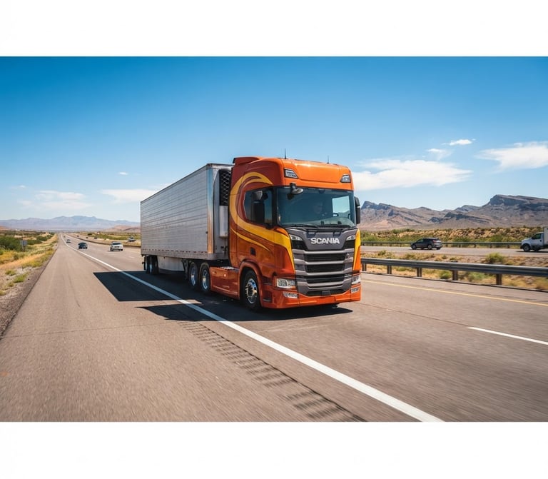 Wide shot of a modern heavy-duty transport truck, orange and yellow livery, driving on a clean, multi-lane highway under bright midday sun, with clear blue sky, low horizon, industrial commercial photography, sharp focus, wide-angle lens, high-contrast warm tones, professional editorial