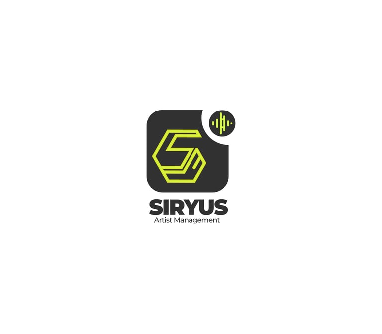 SIRYUS Artist Management logo featuring a stylized hexagonal 'S' in neon green on a rounded black square background.