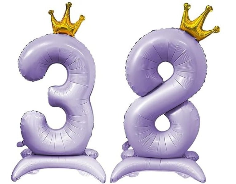 Large purple crown number balloon with base, foil standing birthday decoration for parties.