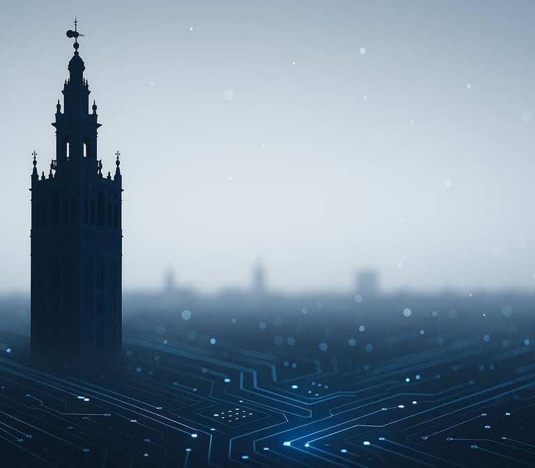 Foto de la Giralda de Sevilla y representando tecnología e Inteligencia Artificial.