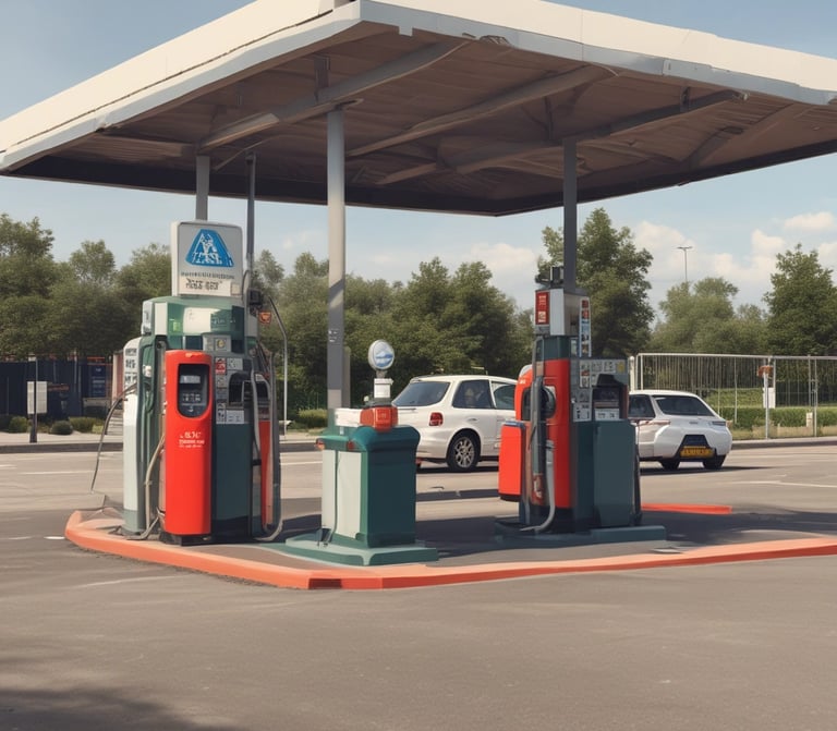A modern gas station with digital management displays.