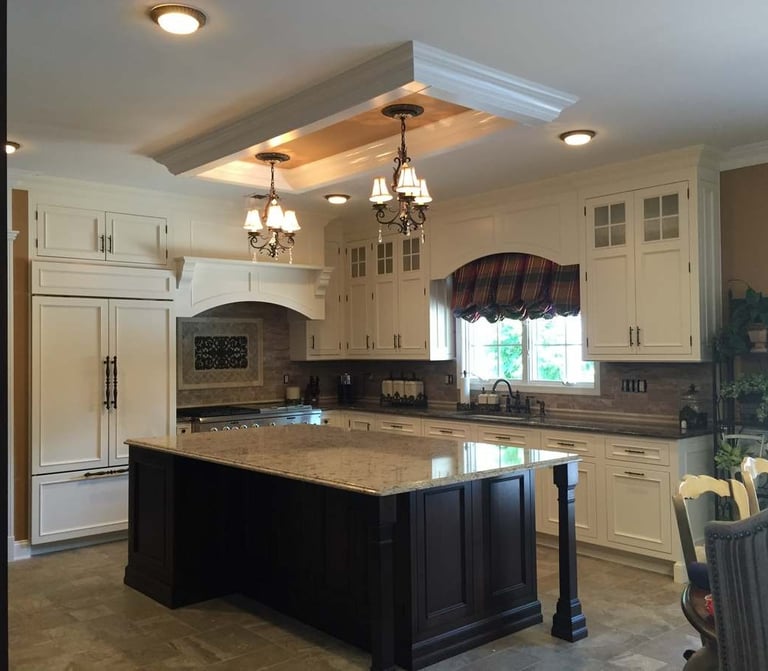 Custom crown molding and ceiling trim installed in a Monmouth County NJ kitchen