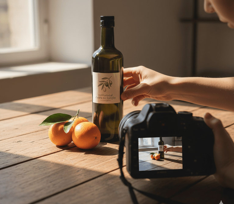 Bodegón mediterráneo con naranjas y aceite para agencia de marketing local