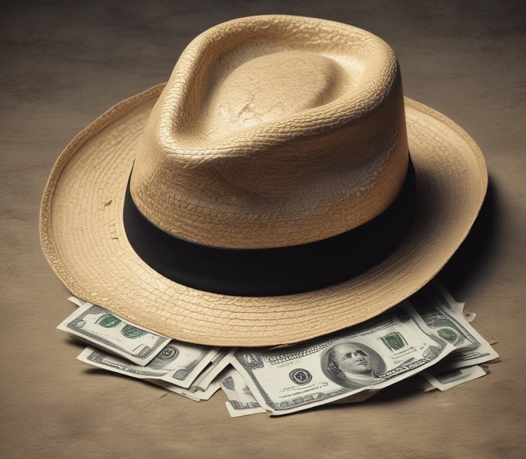 A worn straw hat next to a single, old yen  bill on a rough surface, symbolizing hustle and minima